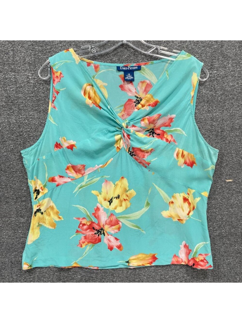 Evan Picone Silk Top Womens Size 16 Blue Floral Twist Front Flowy Lilies Tulips
